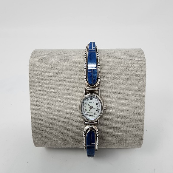Navajo Jewelry - Vintage Lapis Inlay Oval Sterling Silver Expandable Women's Navajo‎ Quartz Watch
